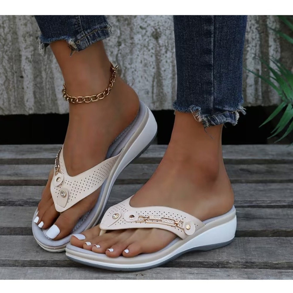 Unbranded Wedge Flip Flop Sandals Women Size 7 White Grey Rhinestone Gold Accent
